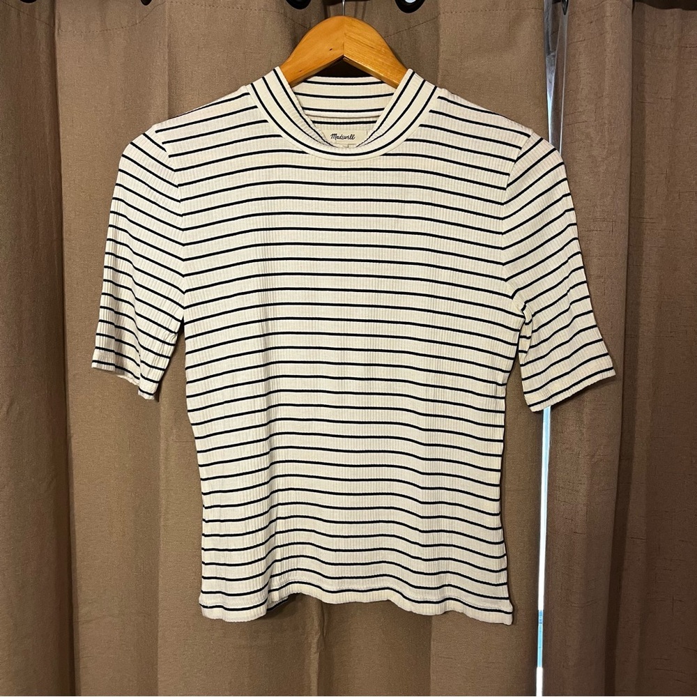 Madewell Striped Mockneck Ribbed Short Sleeve Top, Size Medium